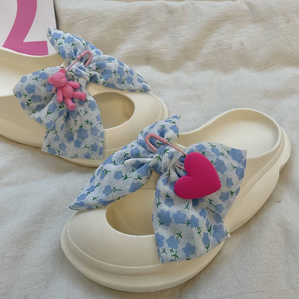 Dép bánh mì mùa hè dễ thương nơ mặc bên ngoài đế dày