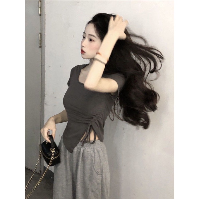 Áo Thun Tay Ngắn Dáng Ôm Thiết Kế Dây Rút Độc Đáo Thời Trang Mùa Hè Mới Cho Nữ