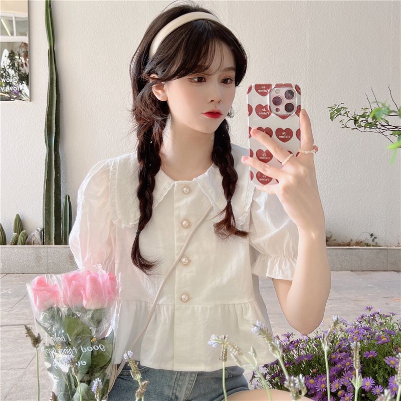 COZOK Áo Sơ Mi Trắng Tay Phồng Cổ Bẻ Xinh Xắn Cho Bé Gái