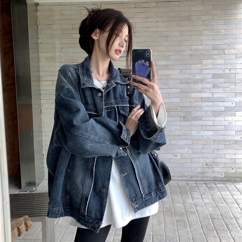 Áo Khoác Denim Dáng Rộng Phong Cách Retro Hợp Thời Trang Dễ Phối Đồ