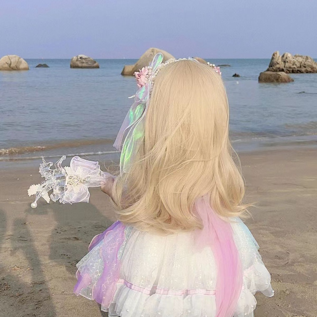 Bộ Tóc Giả Dài Thẳng Tự Nhiên Màu Vàng Kim Phong Cách Keli Cho Bé Gái