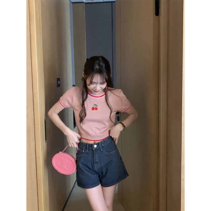 NUZIRO Áo Thun Ngắn Tay Cổ Tròn Thêu Họa Tiết Cherry Thời Trang Dành Cho Nữ