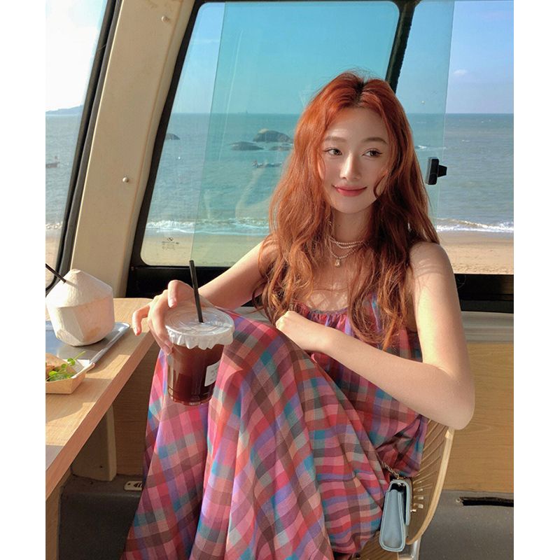 IMAODOU Đầm hai dây  midi dáng rộng kẻ sọc caro thời trang mới mùa hè 2023 cho nữ