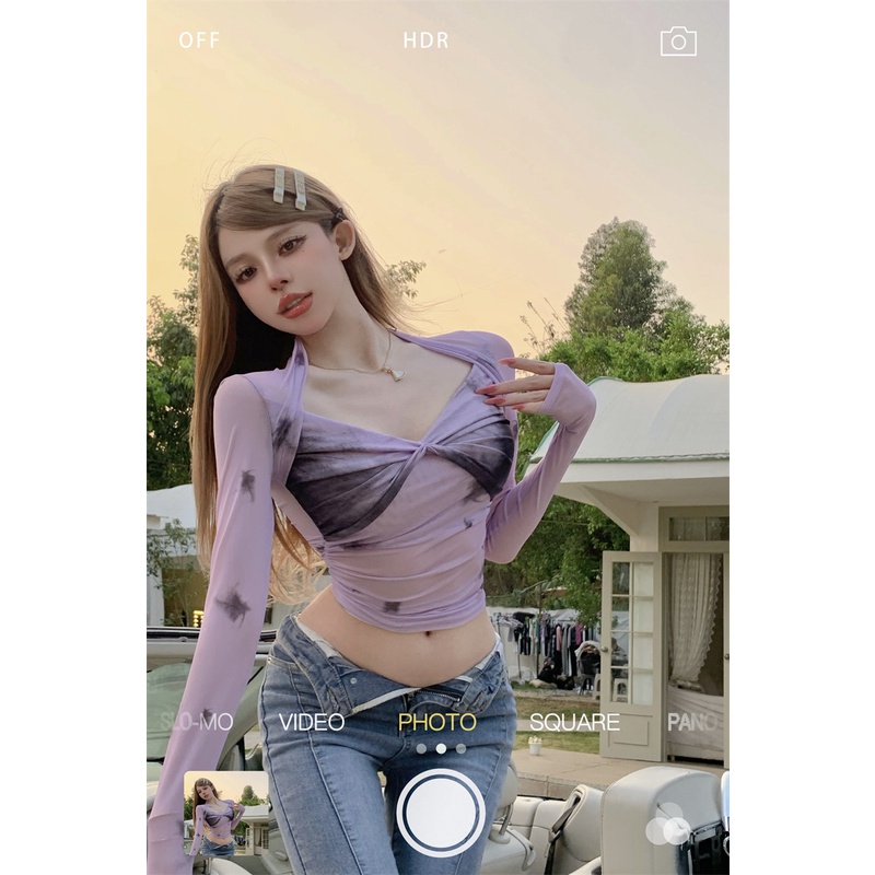 Cocory vn Áo Thun Tay Dài Dáng Ôm Cổ Chữ V Nhuộm Màu Thời Trang Cho Nữ