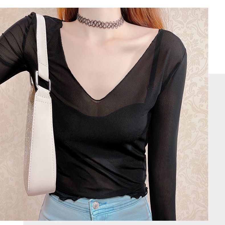 Áo Lưới Tay Dài Cổ Chữ V Mỏng Màu Tím Xuyên Thấu Quyến Rũ Thời Trang Xuân Thu Cho Nữ