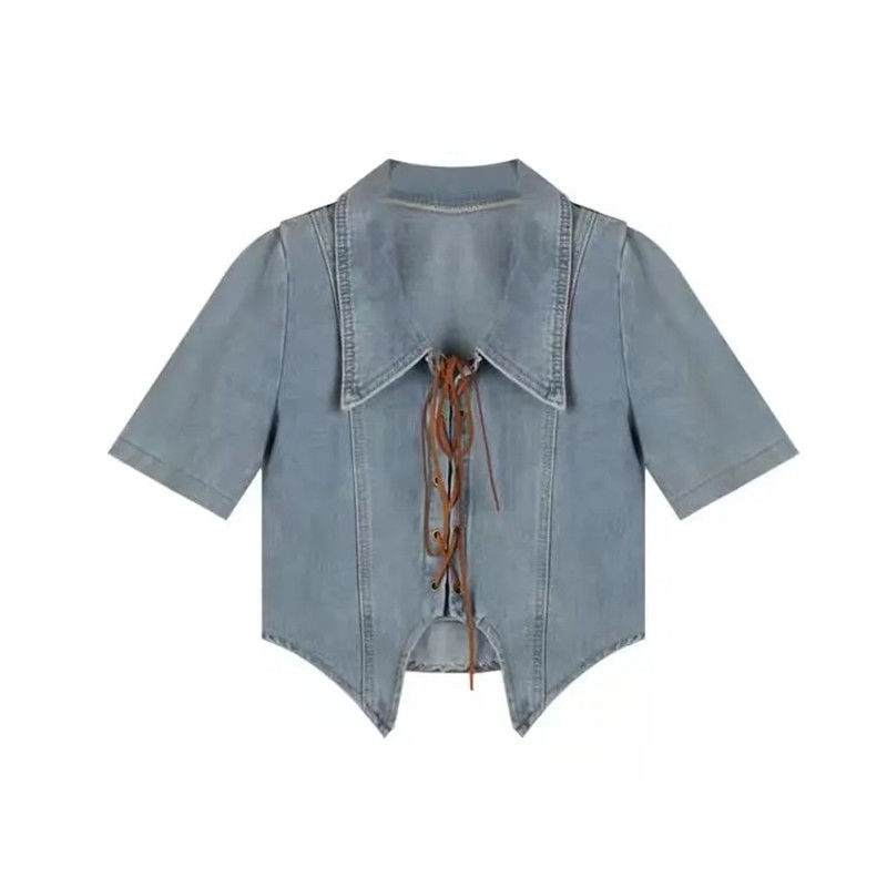 Y2k Áo Sơ Mi Denim Ngắn Thắt Dây Eo Cao Ôm Dáng Mùa Hè Màu Trơn Cổ Điển Cho Nữ