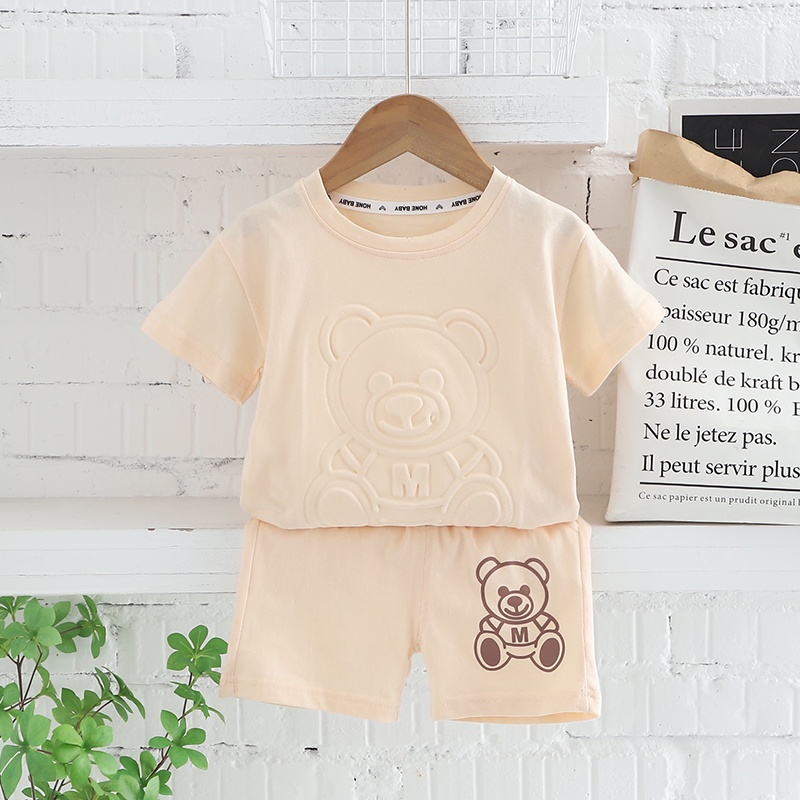 Set Áo Thun Ngắn Tay In Hình Gấu + Quần short Thời Trang Dễ Thương Cho Bé