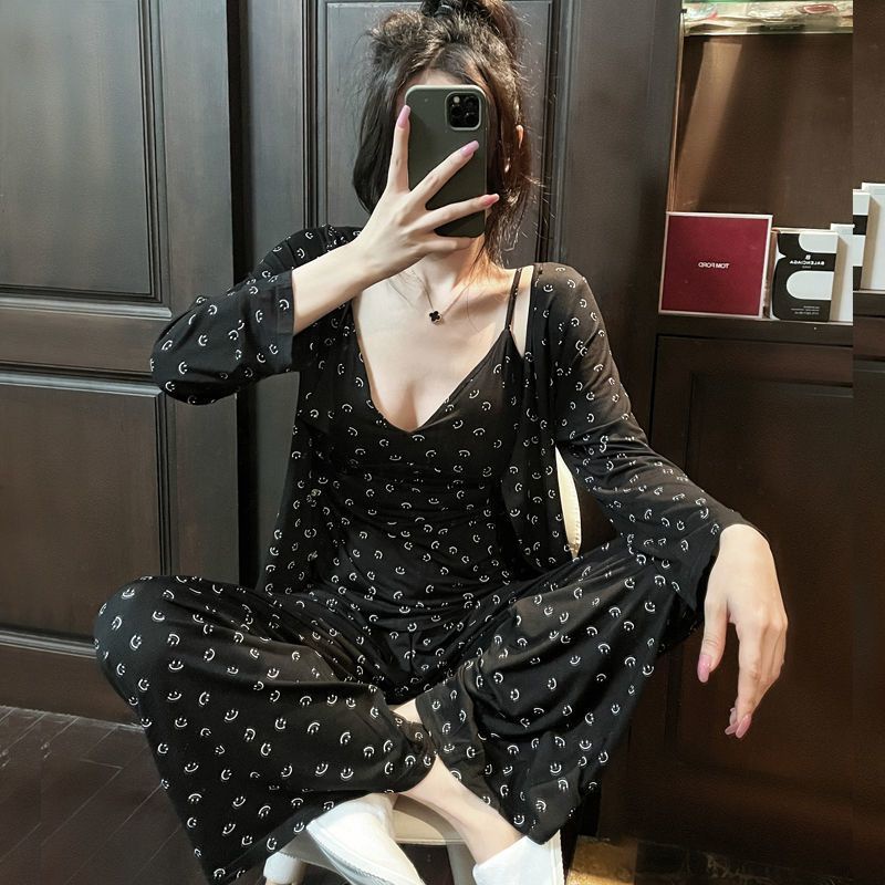 Bộ Đồ Ngủ Ba Mảnh Áo Tay Dài Có Đệm Ngực Phong Cách Mới Dành Cho Nữ Sinh