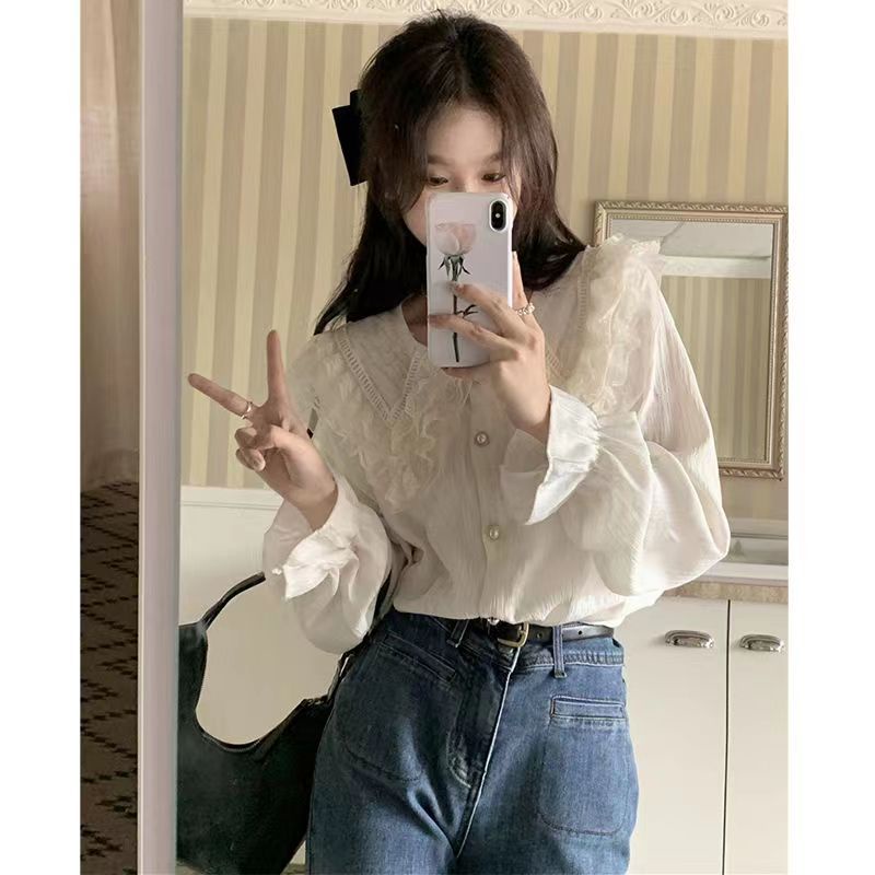 Áo Sơ Mi Tay Dài Cổ Búp Bê Phối Ren Thời Trang Mùa Xuân Xinh Xắn Cho Nữ