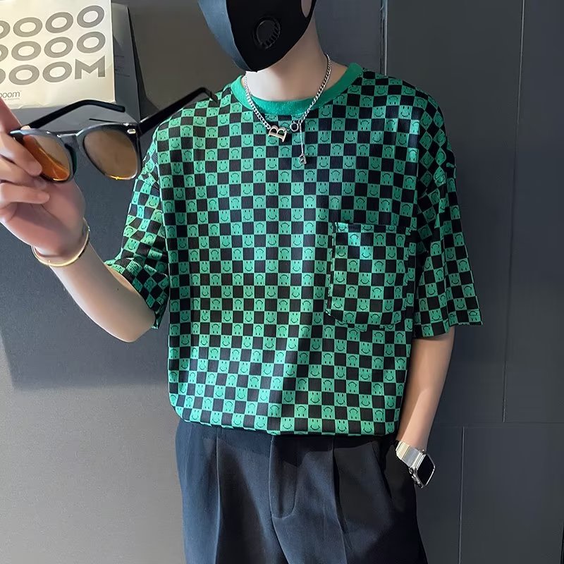 Áo Thun Hip Hop Tay Ngắn Cổ Tròn Họa Tiết Caro Trắng Đen Phong Cách Hàn Quốc Thời Trang Mùa Hè 2023 Cho Nam