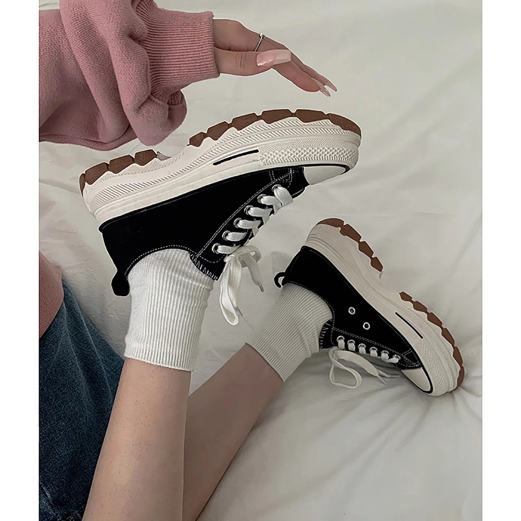 Giày Vải Canvas Đế Dày 5CM Cột Dây Màu Trắng / Đen / Đỏ Phong Cách Mới 2023 Cho Nữ