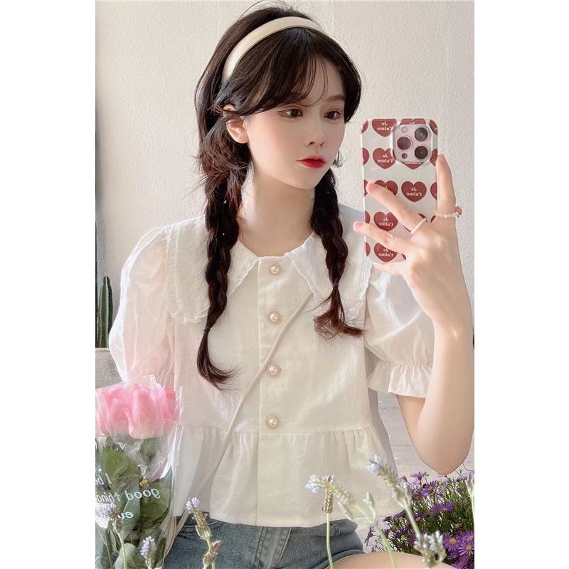 COZOK Áo Sơ Mi Trắng Tay Phồng Cổ Bẻ Xinh Xắn Cho Bé Gái