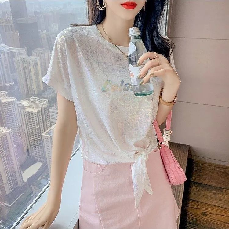 Áo Thun Tay Ngắn Đính Kim Sa Thắt Nút Dáng Rộng Thời Trang Mùa Hè Phong Cách Hàn Quốc Cho Nữ