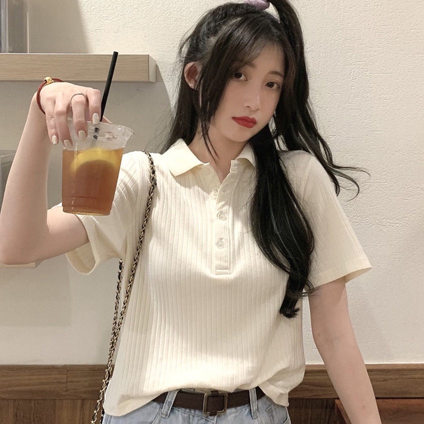 Áo polo Dệt Kim Tay Ngắn Vải Cotton Thời Trang Mùa Hè Cho Nữ
