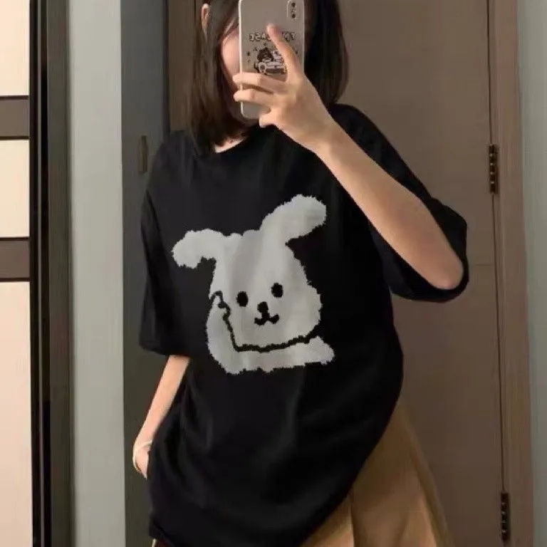 Jiashucheng Áo Thun Tay Ngắn Dáng Rộng In Hình Thỏ Phong Cách Đường Phố Cho Nữ