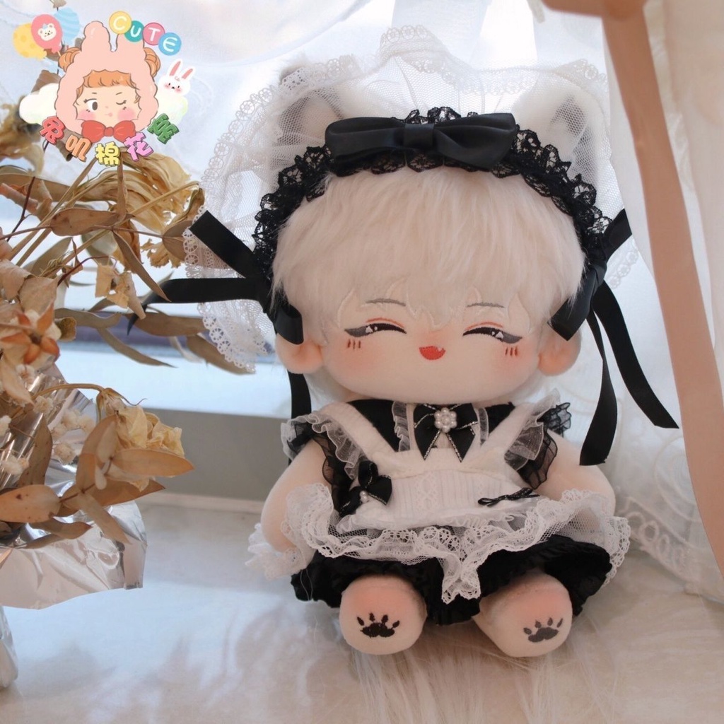 Bộ Đồ Hóa Trang Cô Hầu Gái 20cm Vải Cotton Phối Ren Đen Dễ Thương