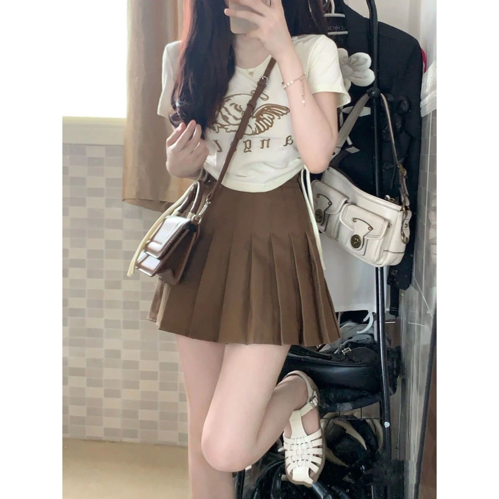 Set Áo Thun Tay Ngắn Phối Dây Rút Và Chân Váy Xếp Ly Phong Cách Mỹ Thời Trang Mùa Hè 2023 Cho Nữ