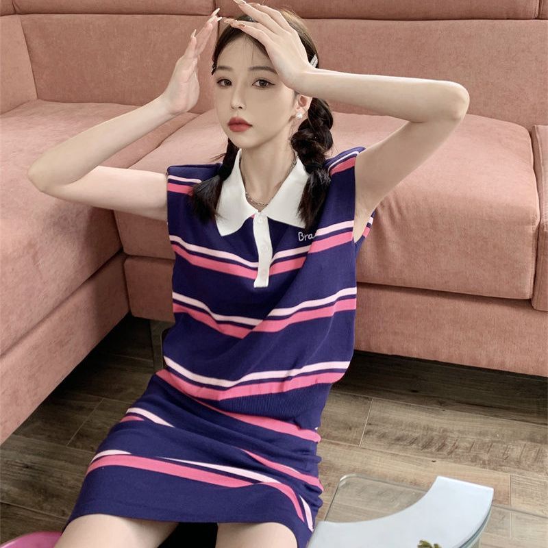 Bộ Áo Thun Dệt Kim Không Tay / Chân Váy Lưng Cao Kẻ Sọc Thời Trang Mùa Hè Hàn Quốc 2023chic
