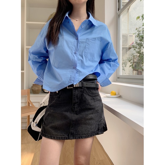 QKOOLE Áo sơ mi nữ  dài tay cổ bẻ dáng rộng thời trang Hàn Quốc