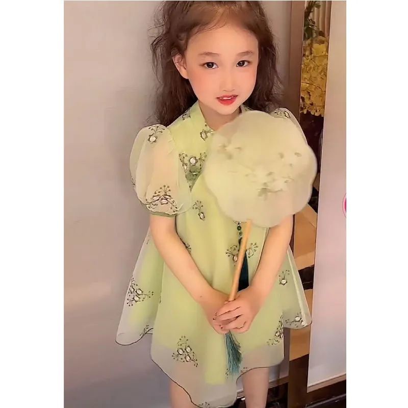 Đầm Sườn Xám Tay Ngắn Phong Cách Trung Hoa Cổ Điển Thời Trang Hè 2023 Cho Bé Gái