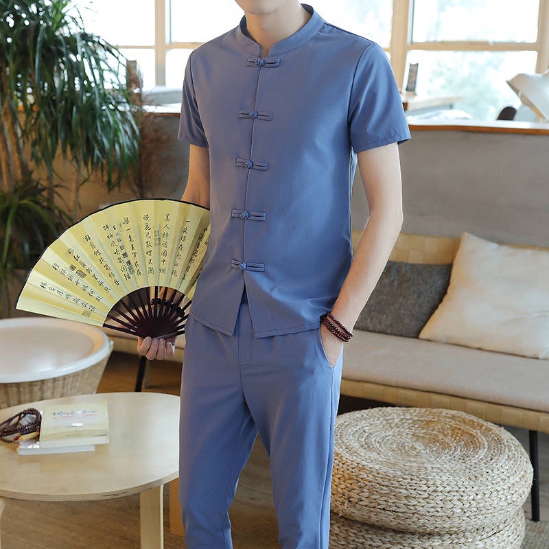 Set Áo Thun Ngắn Tay + Quần Dài Phong Cách Trung Hoa Thời Trang Mùa Hè Mới Cho Nam