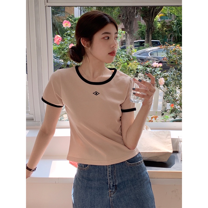 SUXI Áo Thun Tay Ngắn Màu Sắc Đơn Giản Thêu Họa Tiết Phong Cách Hàn Quốc Cho Nữ