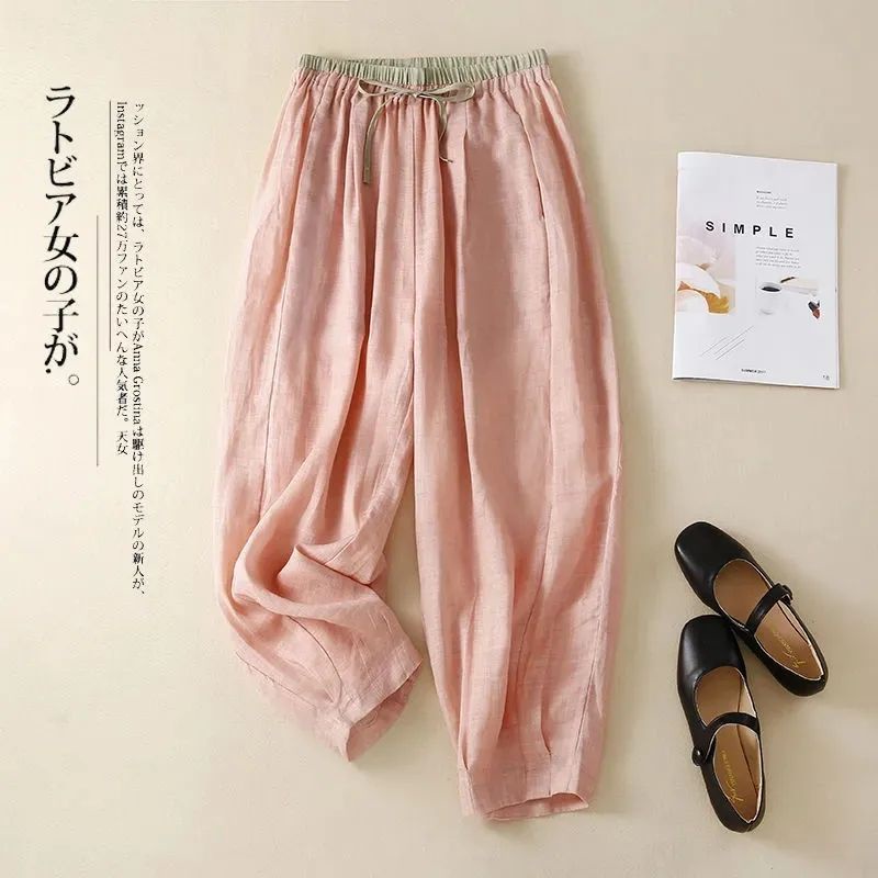Quần Harem Cotton Lanh Mỏng Dài Đến Mắt Cá Chân Eo Cao Có Dây Rút Mẫu Mới Năm 2023 Cho Nữ