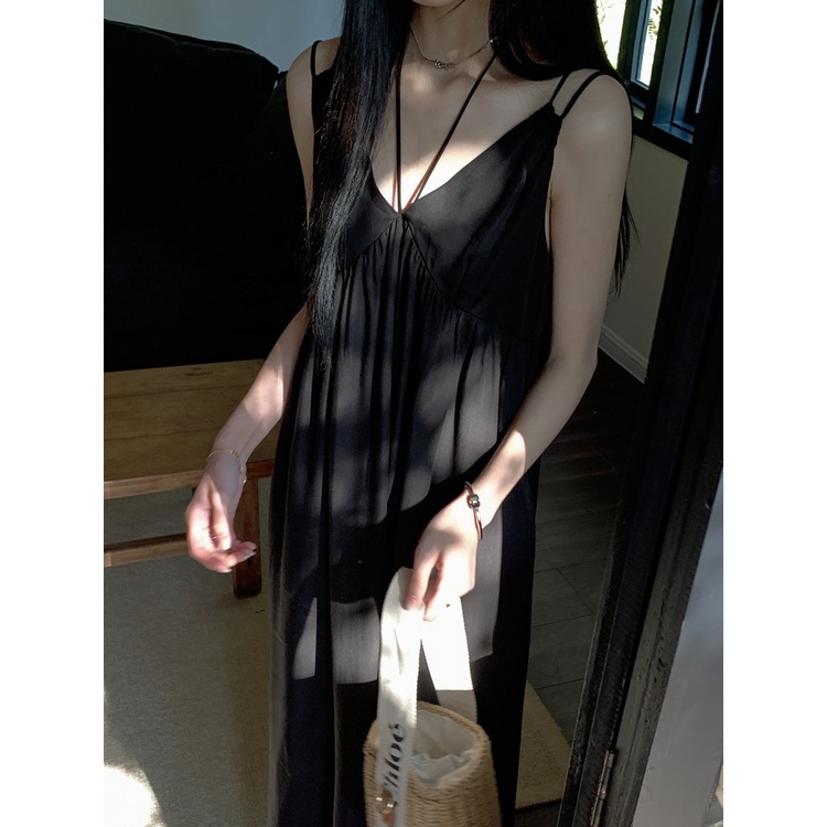 Đầm Hai Dây Màu Đen Chất Lượng Cao Thời Trang Mùa Hè Cho Nữ