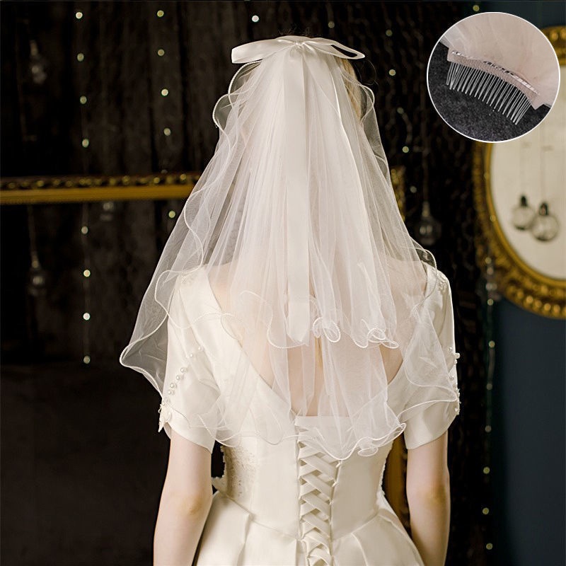 Mạng Che Mặt Đính Nơ Hai Lớp Cho Cô Dâu