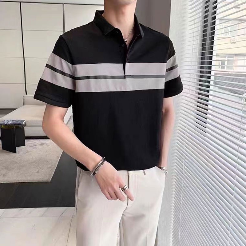 Áo polo Tay Lửng Dáng Rộng Họa Tiết Kẻ Sọc Thời Trang Mùa Hè Cho Nam