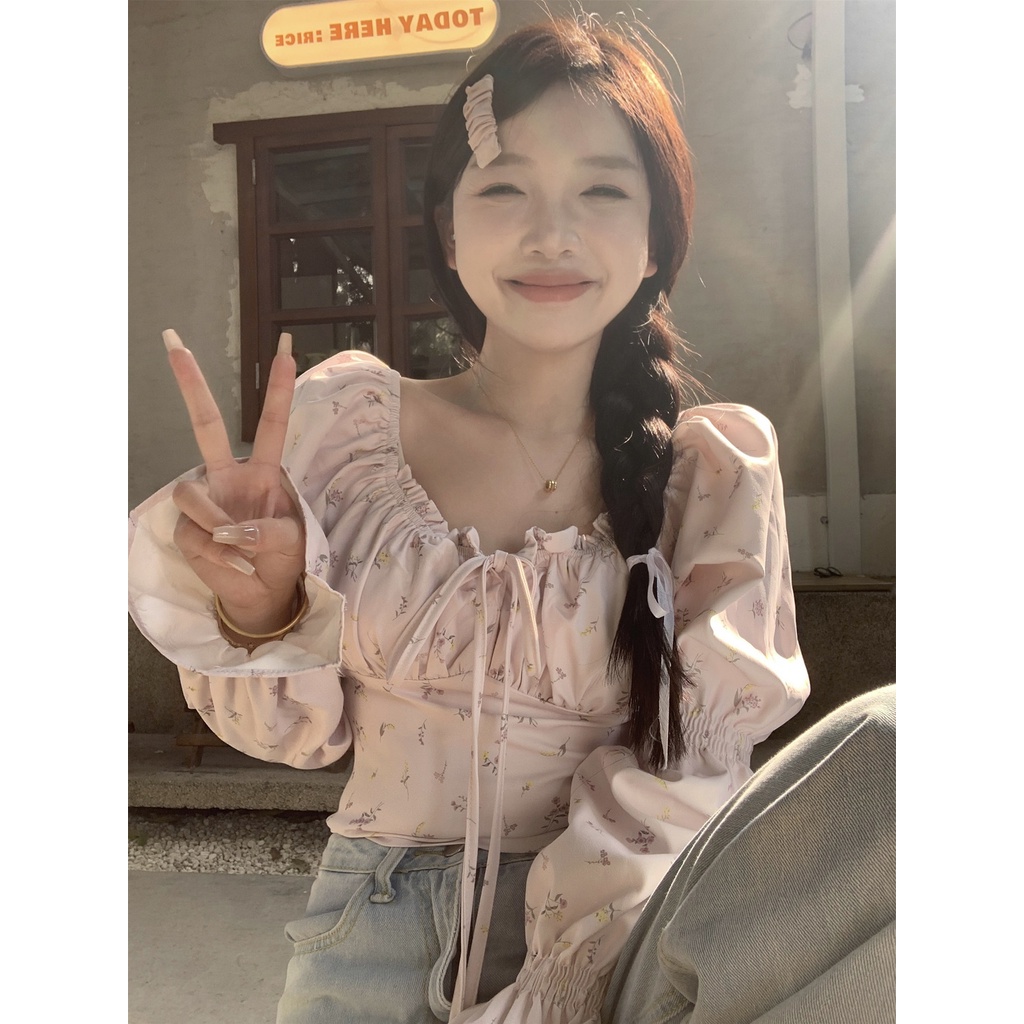 Jiashucheng Áo Sơ Mi Ngắn Tay Dài Thắt Dây Nhấn Eo Mỏng Mùa Xuân Họa Tiết Hoa Phong Cách Pháp Độc Đáo Cho Nữ