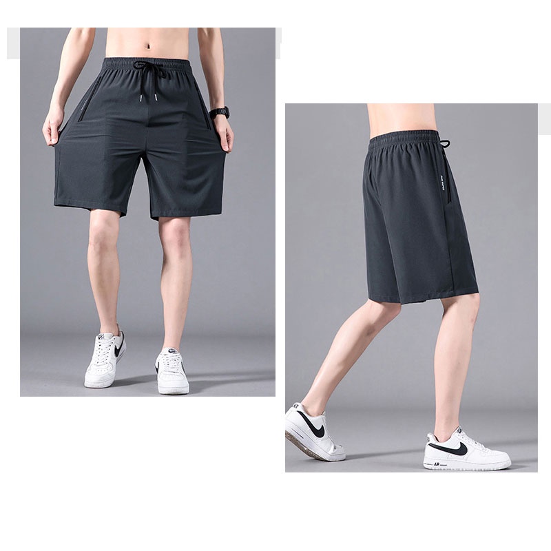 Quần Short Thể Thao Vải Lụa Lạnh Mỏng Nhanh Khô Màu Trơn Phối Dây Rút Thời Trang Mùa Hè Cho Nam