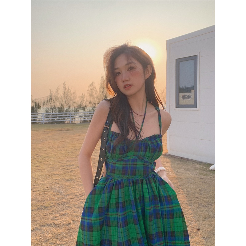 「MOTEL7」Đầm Hai Dây Dáng Dài Rộng Họa Tiết Sọc Caro Phong Cách Pháp Cao Cấp