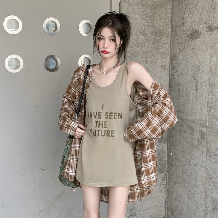 Bộ Áo Sơ Mi Kẻ Ô Vuông + Áo Thun Lửng Hai Mảnh Phong Cách Retro Thời Trang Mùa Hè Cho Nữ