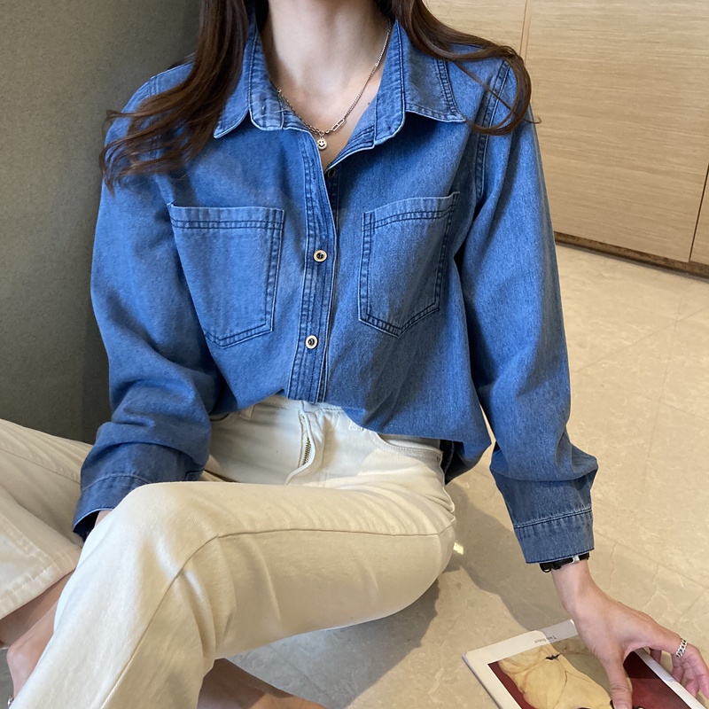 Áo sơ mi denim SUXI tay dài dáng rộng màu trơn phong cách cổ điển dễ phối đồ thời trang mùa xuân