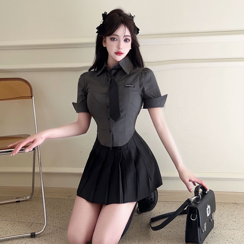 Preppy Phong Cách JK Đồng Phục Hai Mảnh Thời Trang Mùa Hè Áo Sơ Mi Skinny Tay Ngắn Xếp Ly Váy Phù Hợ