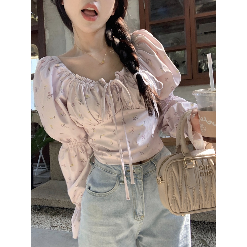 Jiashucheng Áo Sơ Mi Ngắn Tay Dài Thắt Dây Nhấn Eo Mỏng Mùa Xuân Họa Tiết Hoa Phong Cách Pháp Độc Đáo Cho Nữ