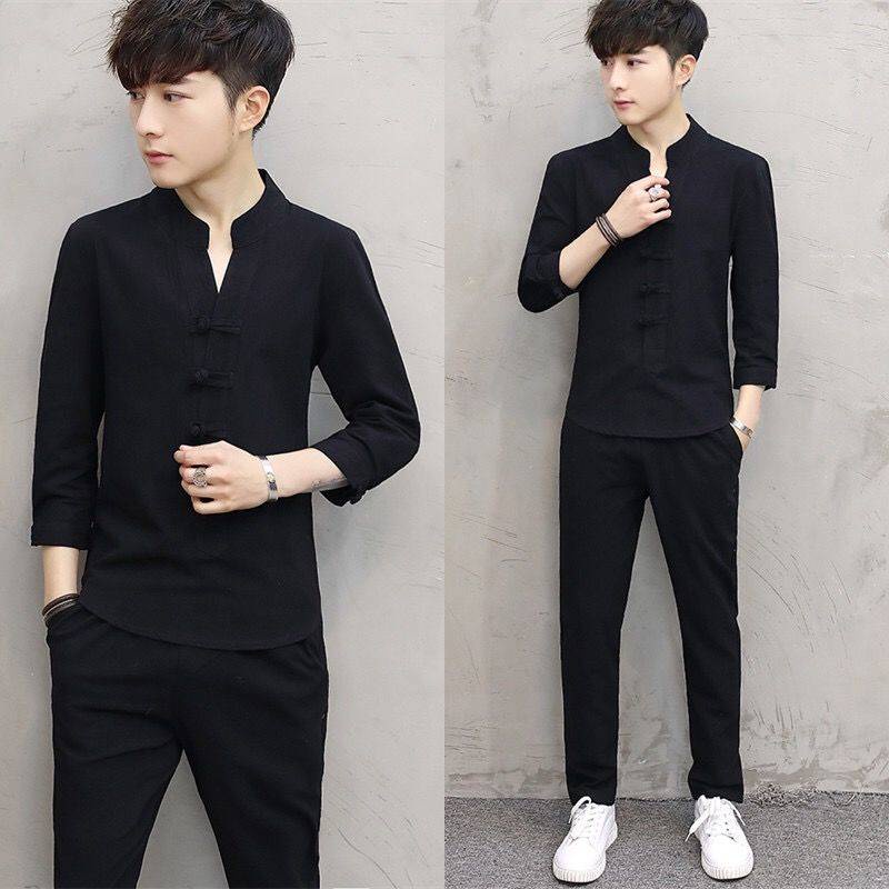 Set Áo Thun Ngắn Tay + Quần Dài Phong Cách Trung Hoa Thời Trang Mùa Hè Mới Cho Nam