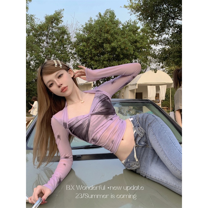 Cocory vn Áo Thun Tay Dài Dáng Ôm Cổ Chữ V Nhuộm Màu Thời Trang Cho Nữ