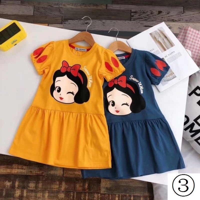 Đầm Cotton Tay Ngắn In Hoạt Hình Bạch Tuyết Thời Trang Mùa Hè 2022 Cho Bé Gái