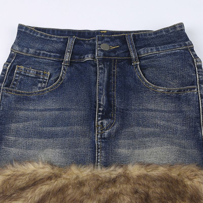 Y2k Millennium Chân Váy Denim Phối Lông Dáng Ôm Vừa Vặn Phong Cách Retro Mỹ Cho Nữ