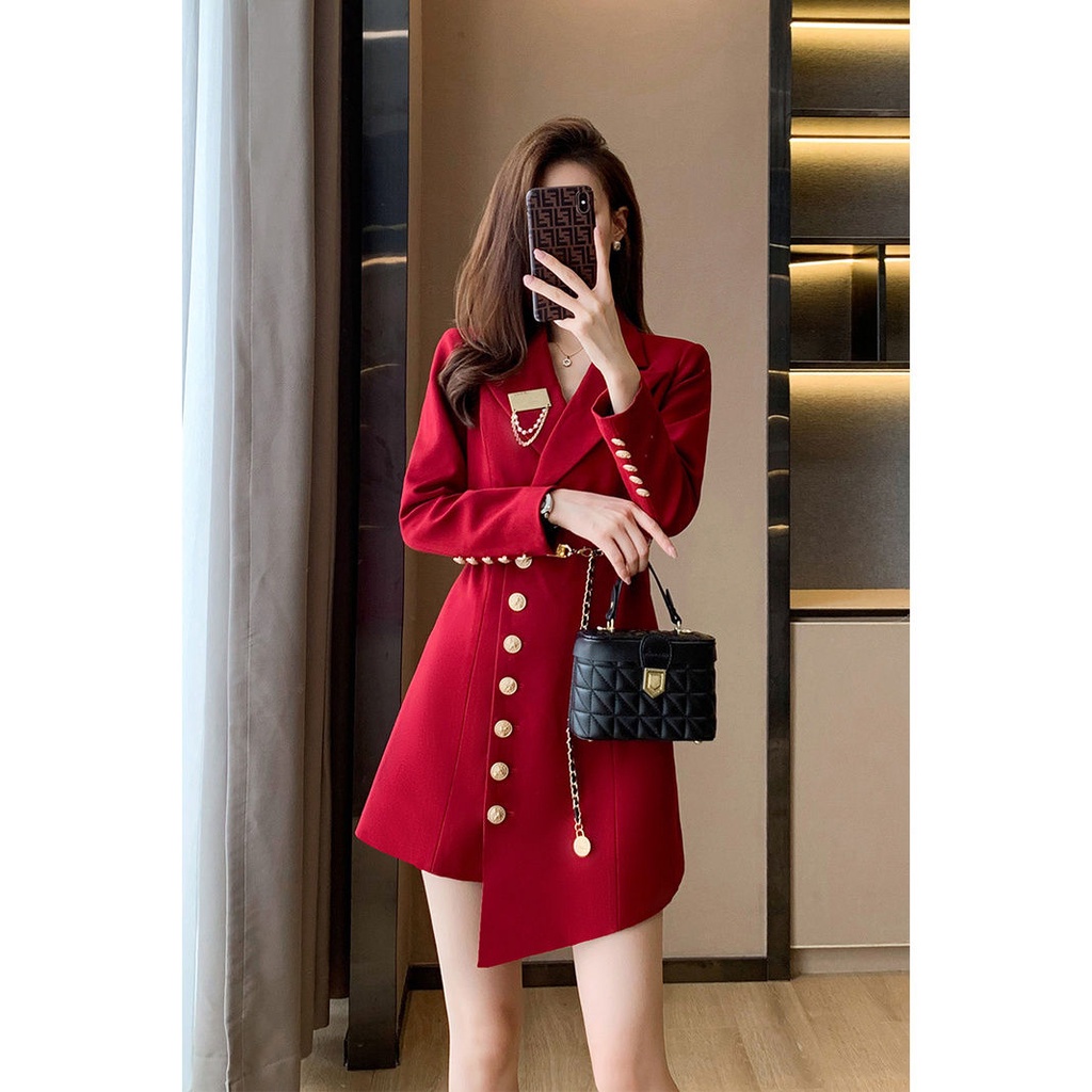 Áo Khoác Blazer Tay Dài Màu Đỏ Phong Cách Pháp Thời Trang Mùa Thu Mới 2023 Cho Nữ