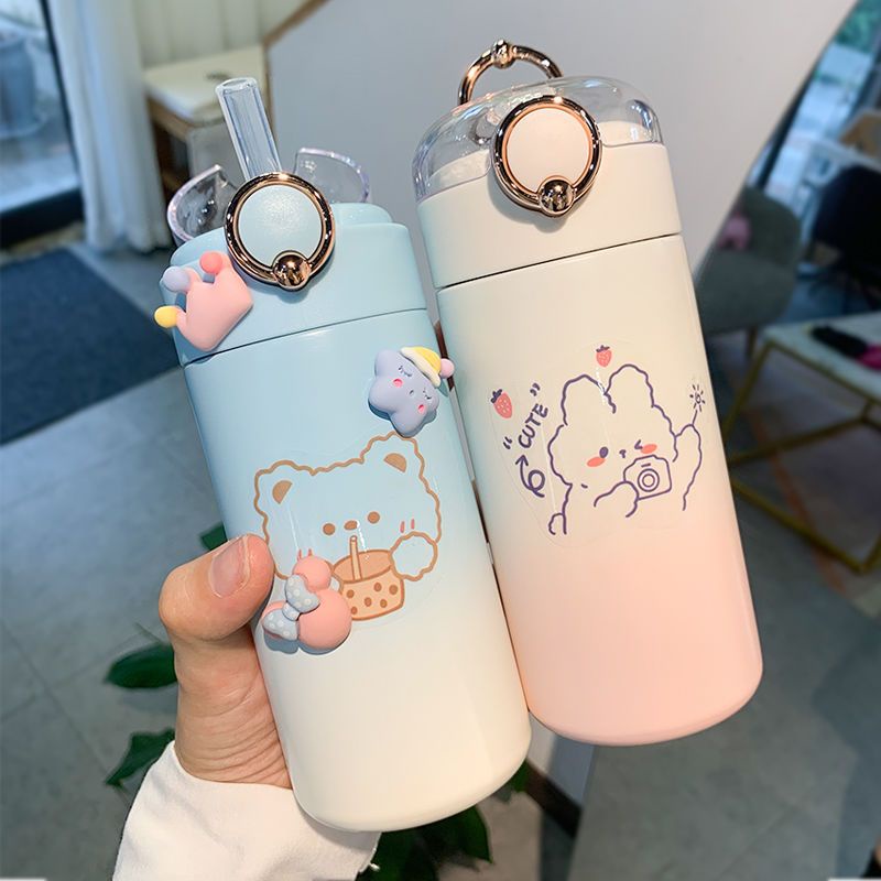 Thermos cup girls' new fashion water cup cute children bring straws to school kettle students good-looking cups