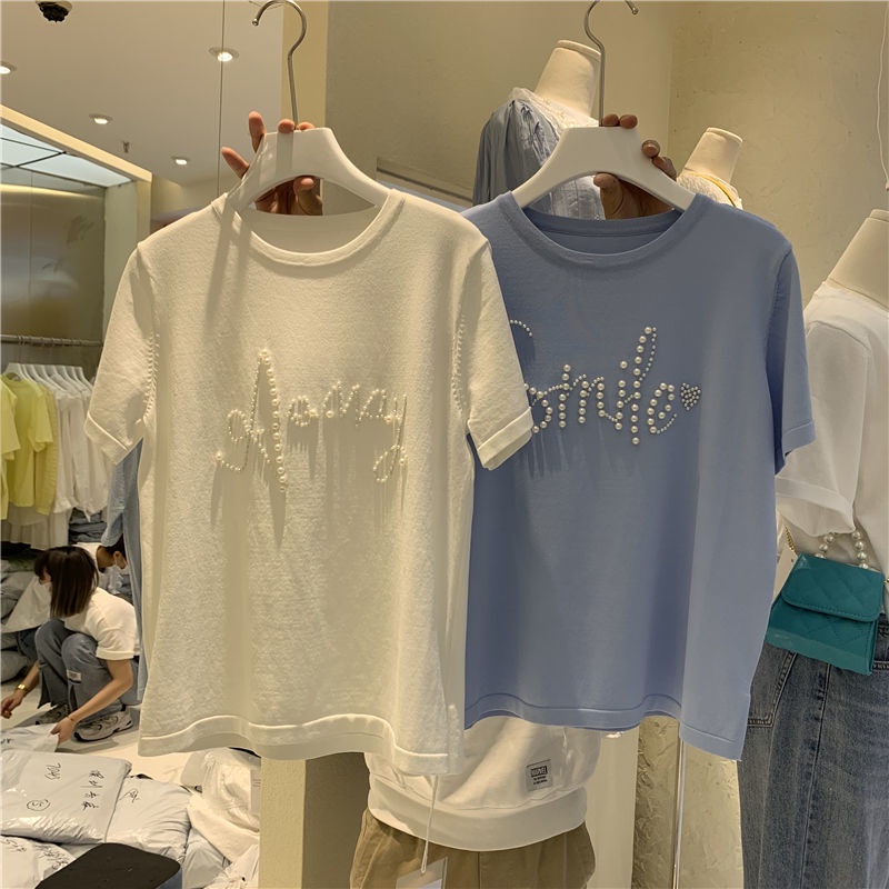 Áo Thun Cotton Tay Ngắn Cổ Tròn Màu Trơn Đính Hạt Ngọc Trai Thời Trang Thu Hè Hàn Quốc 2022