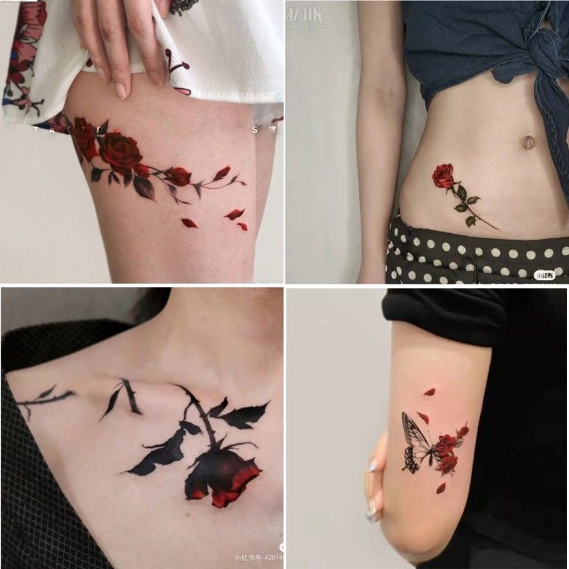 Hình Xăm Dán Tạm Thời Chống Nước Lâu Trôi Họa Tiết Hoa Hồng Và Bướm Màu Đỏ Đậm Hợp Thời Trang Cho Nam Và Nữ