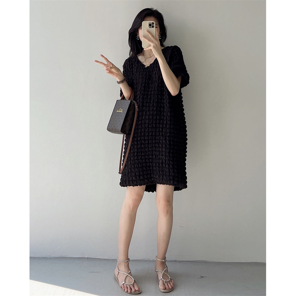 Đầm Tay Ngắn Phồng Cổ Chữ V Ôm Dáng Size Lớn Thời Trang Châu Âu Cho Nữ