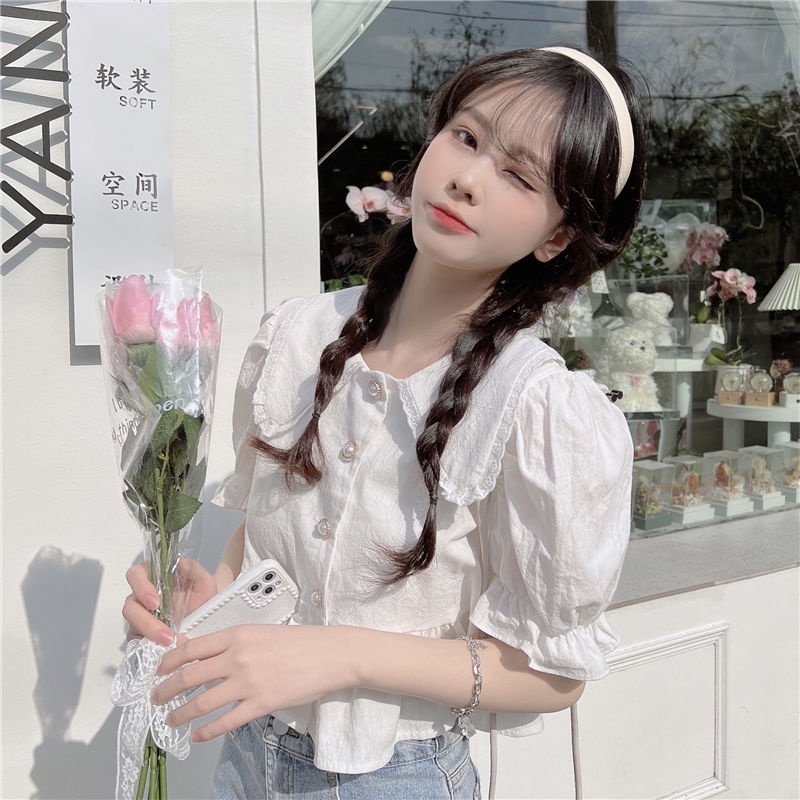 COZOK Áo Sơ Mi Trắng Tay Phồng Cổ Bẻ Xinh Xắn Cho Bé Gái