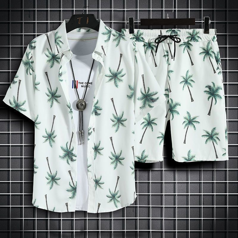 Bộ Áo Sơ Mi Tay Ngắn + Quần Short Vải Lụa Lạnh Nhanh Khô Màu Sắc Thời Trang Đi Biển Mùa Hè Cho Nam