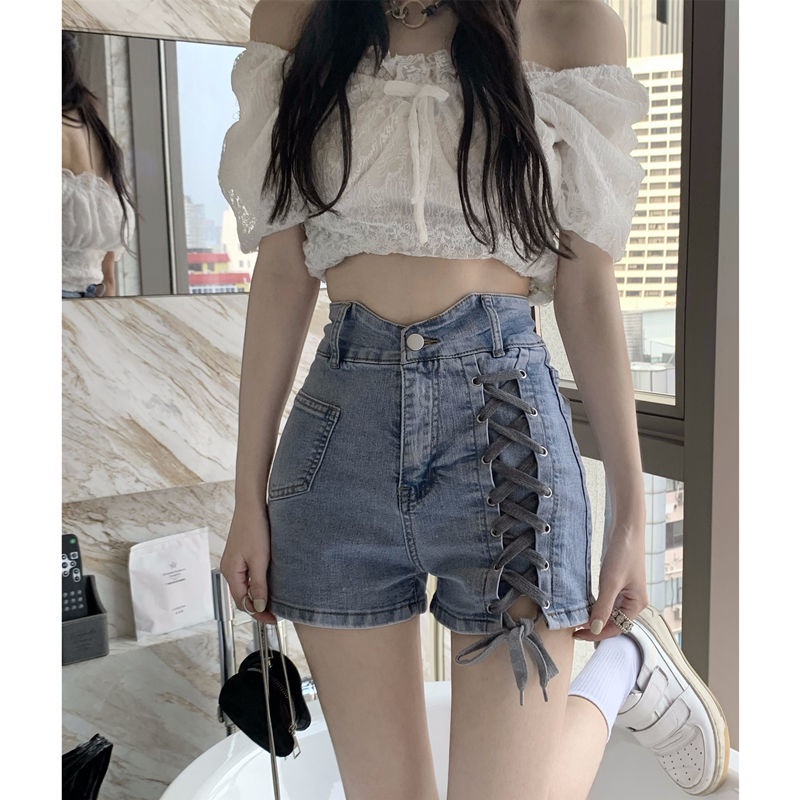 Bán Chạy✨Quần Short Jean Lưng Cao Ống Rộng Cột Dây Thời Trang Mùa Hè Cho Nữ