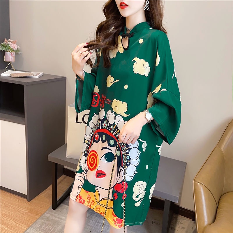 Đầm Thun In Họa Tiết Phối Nút Thời Trang Vintage Cá Tính